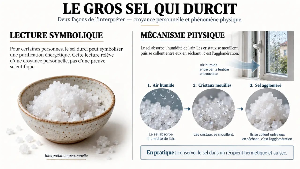 Infographie sur le gros sel qui durcit : bon signe symbolique ou effet de l’humidité