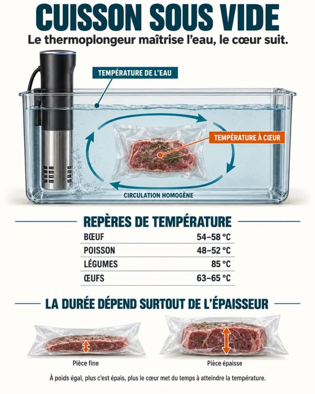 Tableau de cuisson sous vide au thermoplongeur avec températures, durées et schéma du bain-marie