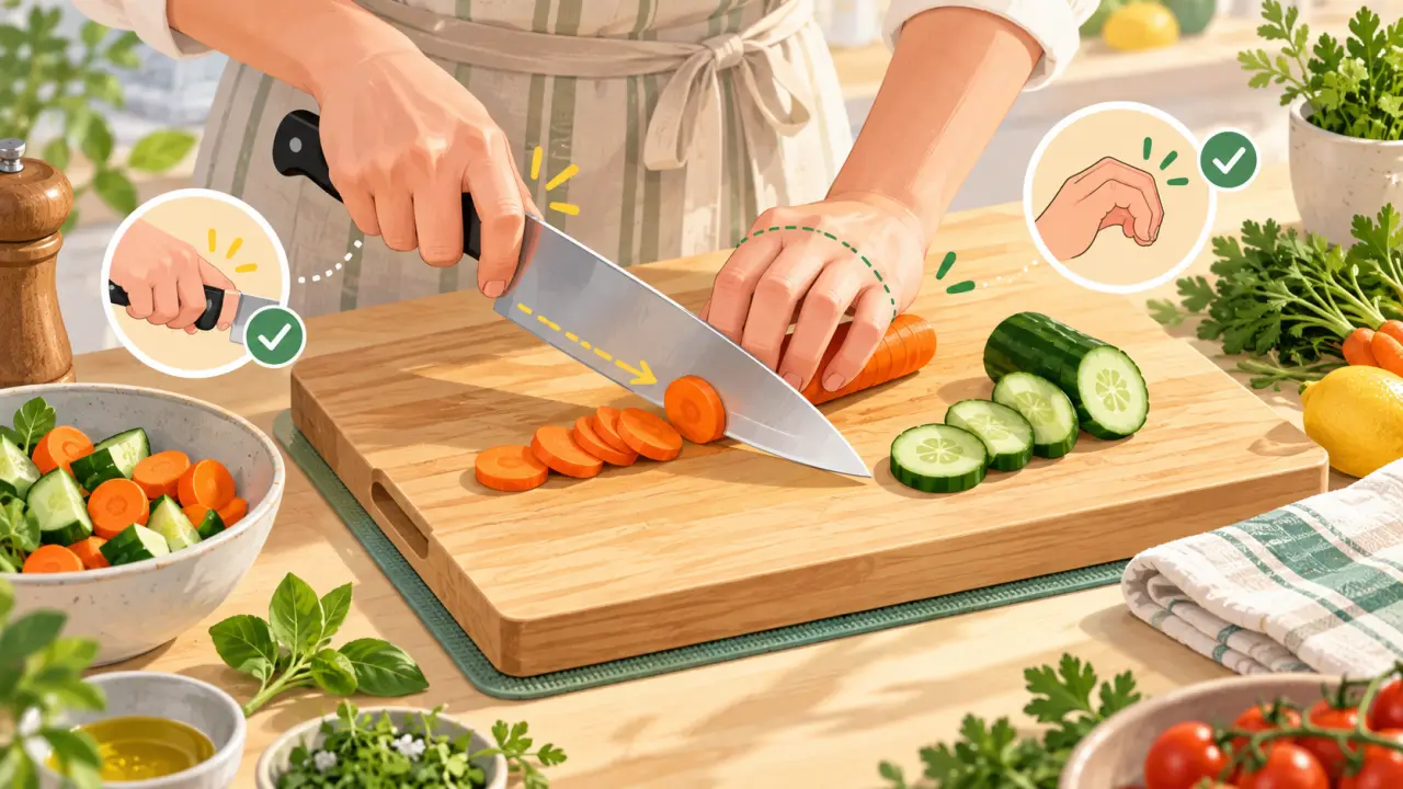 Illustration d'une main tenant un couteau de cuisine au-dessus d'une planche à découper