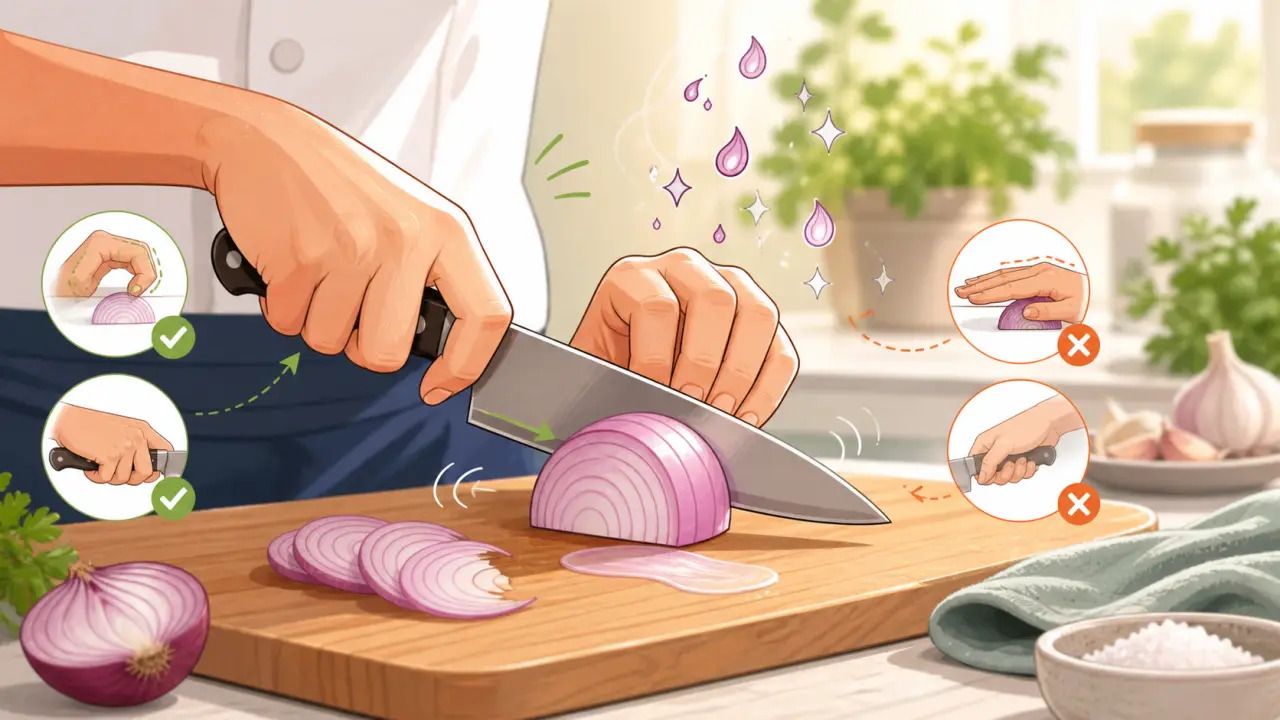 Illustration de cuisine montrant un oignon à découper sur une planche avec un couteau de chef
