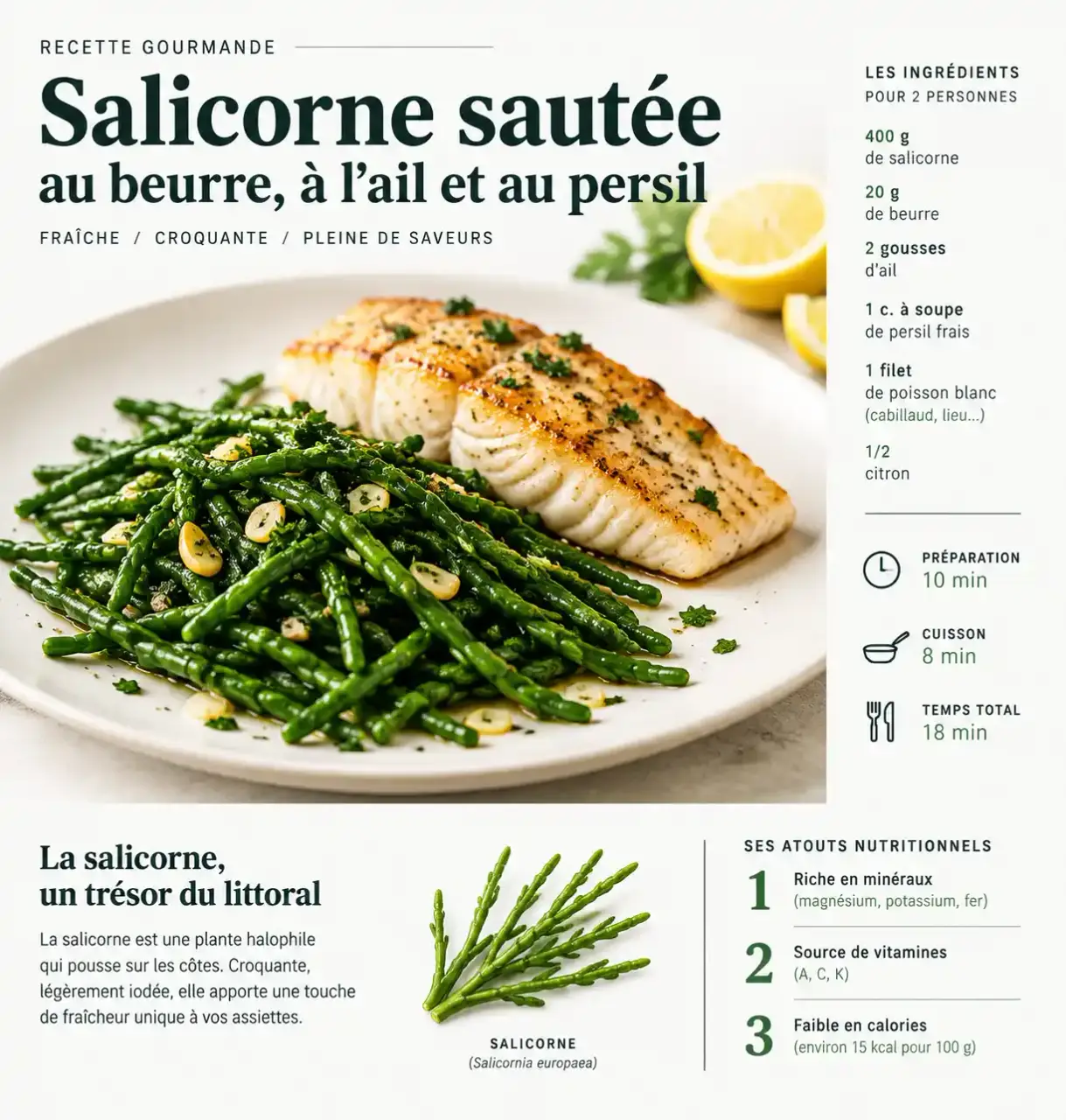 Cuisiner la salicorne : poêlée de salicorne à l'ail et au persil servie avec un filet de poisson