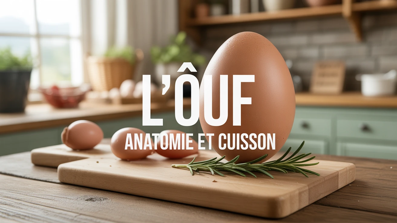 Planche dessinée montrant l'anatomie d'un œuf et trois coquetiers avec œufs à différents stades de cuisson