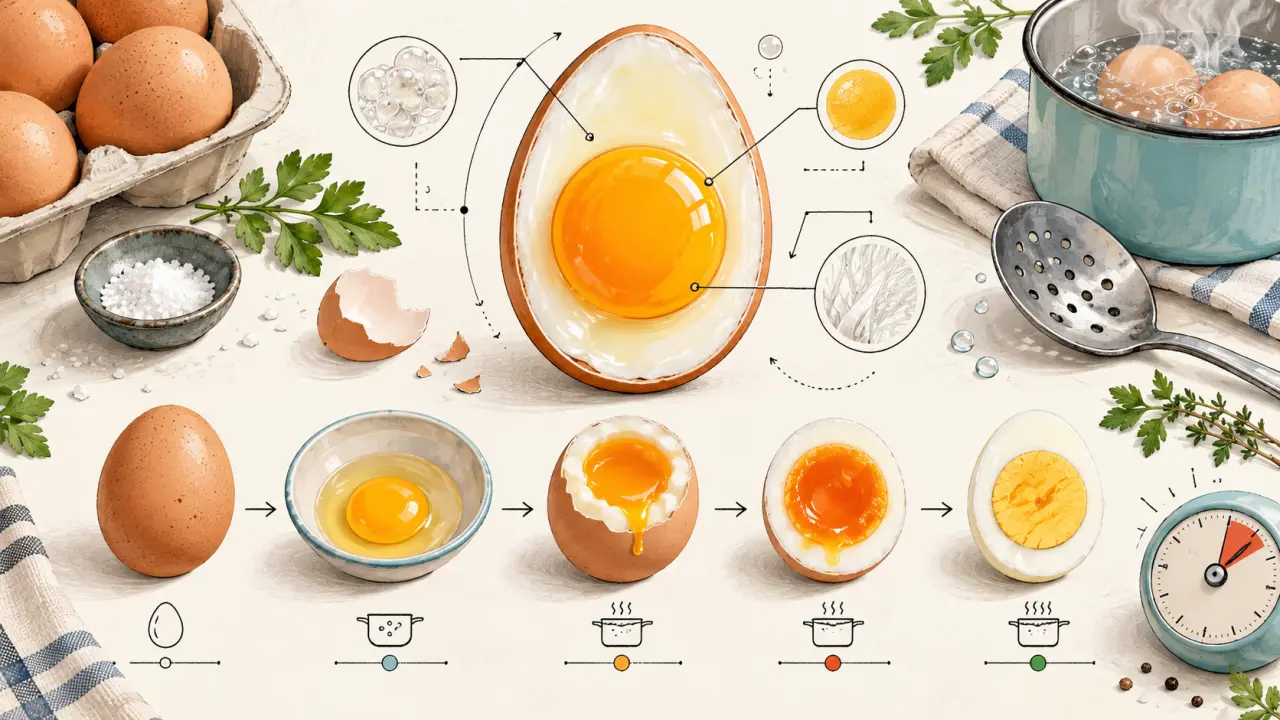 Illustration dessinée d’un œuf ouvert et de plusieurs cuissons