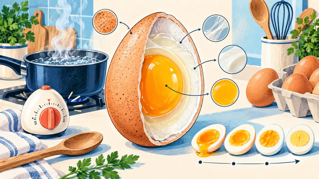 Illustration dessinée d'un œuf ouvert montrant le blanc, le jaune et les différentes cuissons