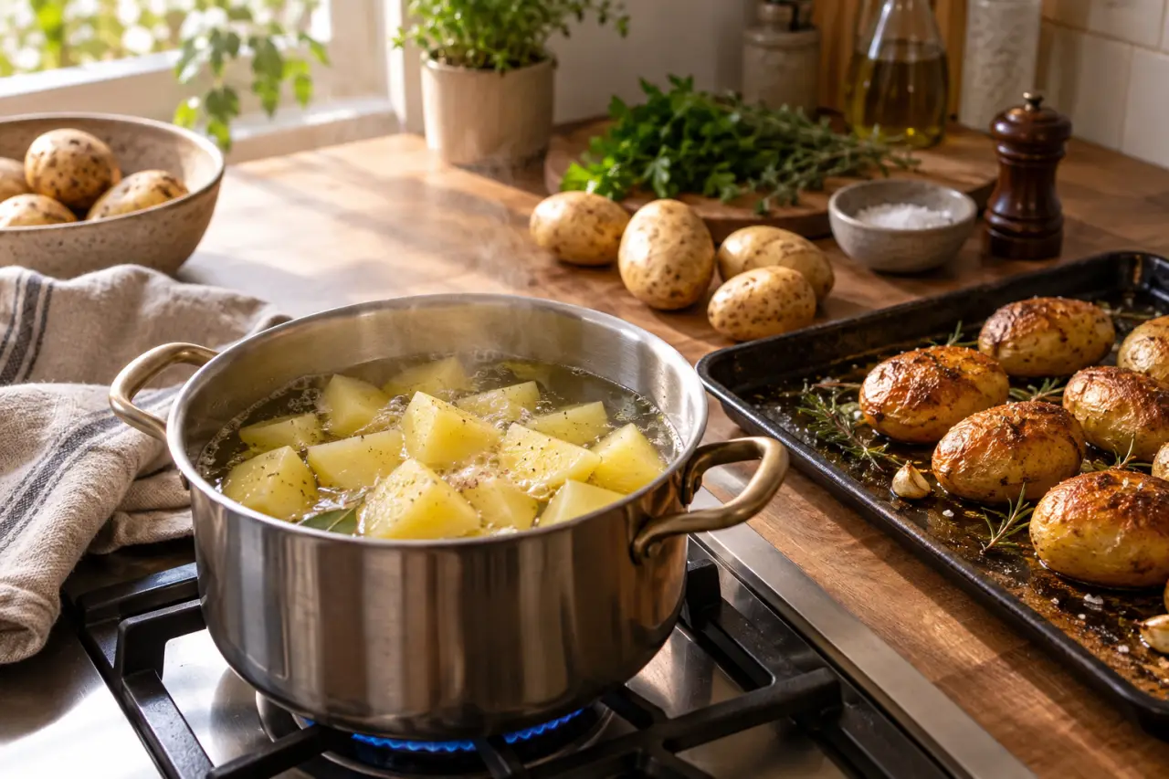 Temps de cuisson des pommes de terre : 10 à 15 minutes en morceaux, jusqu’à 60 minutes au four