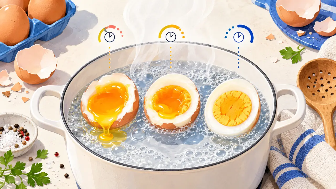 Illustration culinaire d’un œuf mollet et d’un œuf dur ouverts en deux, avec un minuteur et une casserole