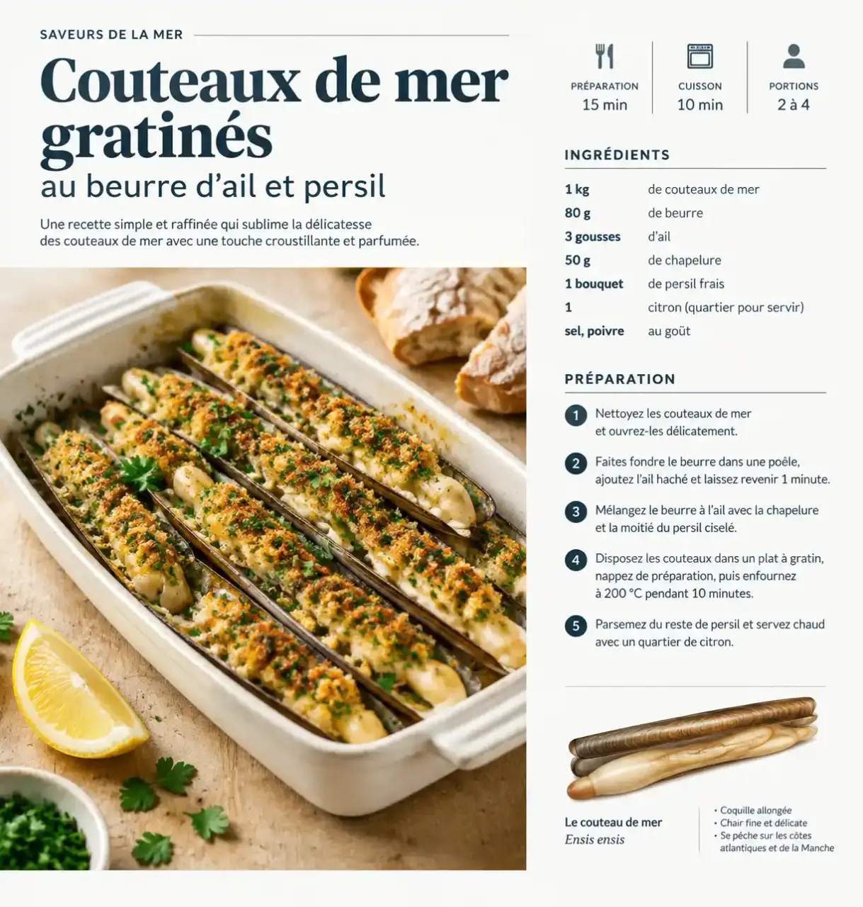 Recette des couteaux de mer gratinés au beurre d'ail et persil dans un plat à gratin