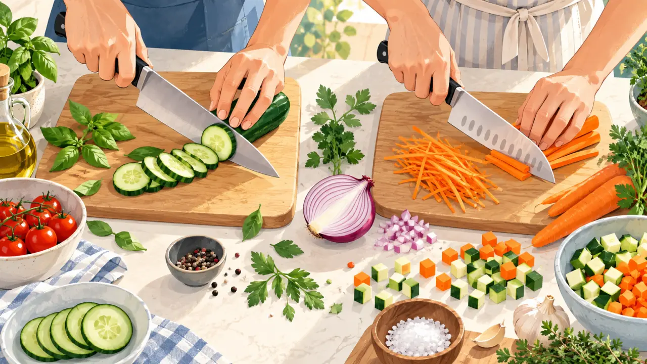 Couteau de chef et santoku posés près de légumes à découper