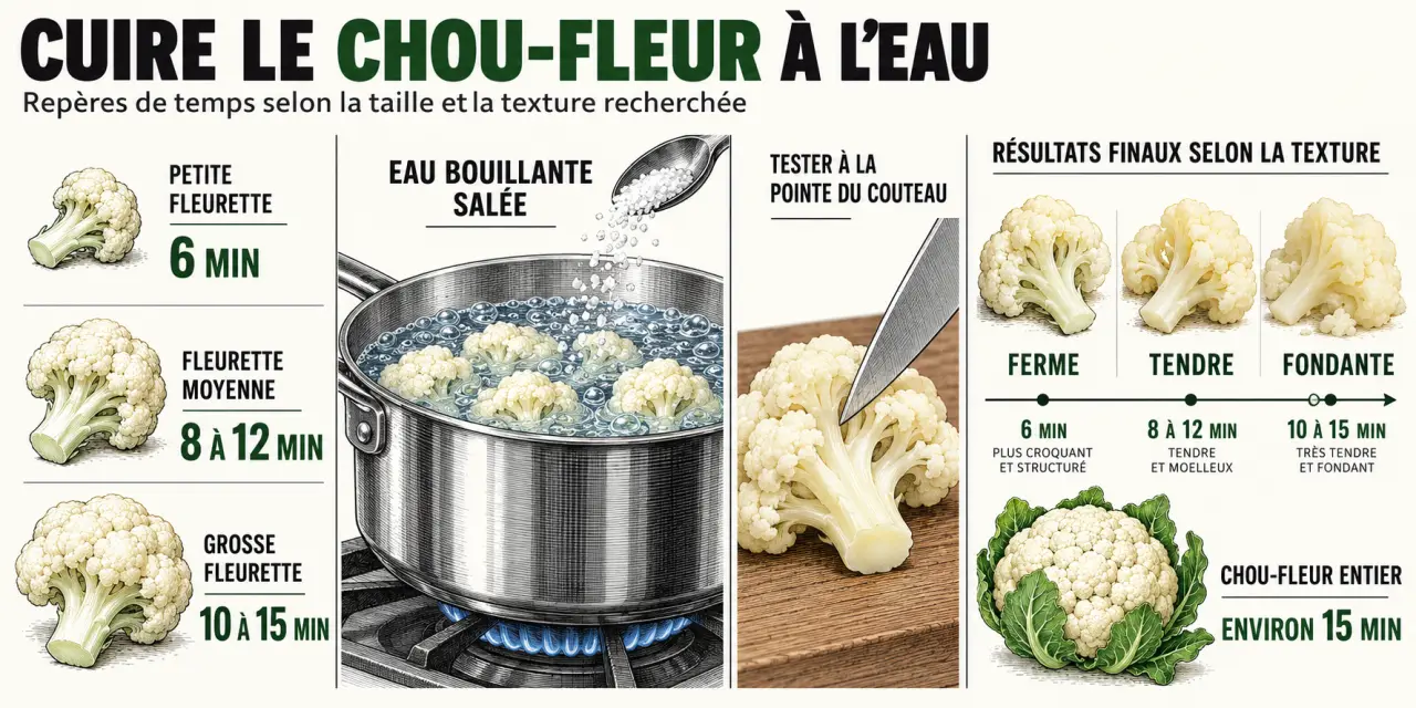 Cuisson choux fleurs eau : temps de cuisson et textures selon la taille des morceaux