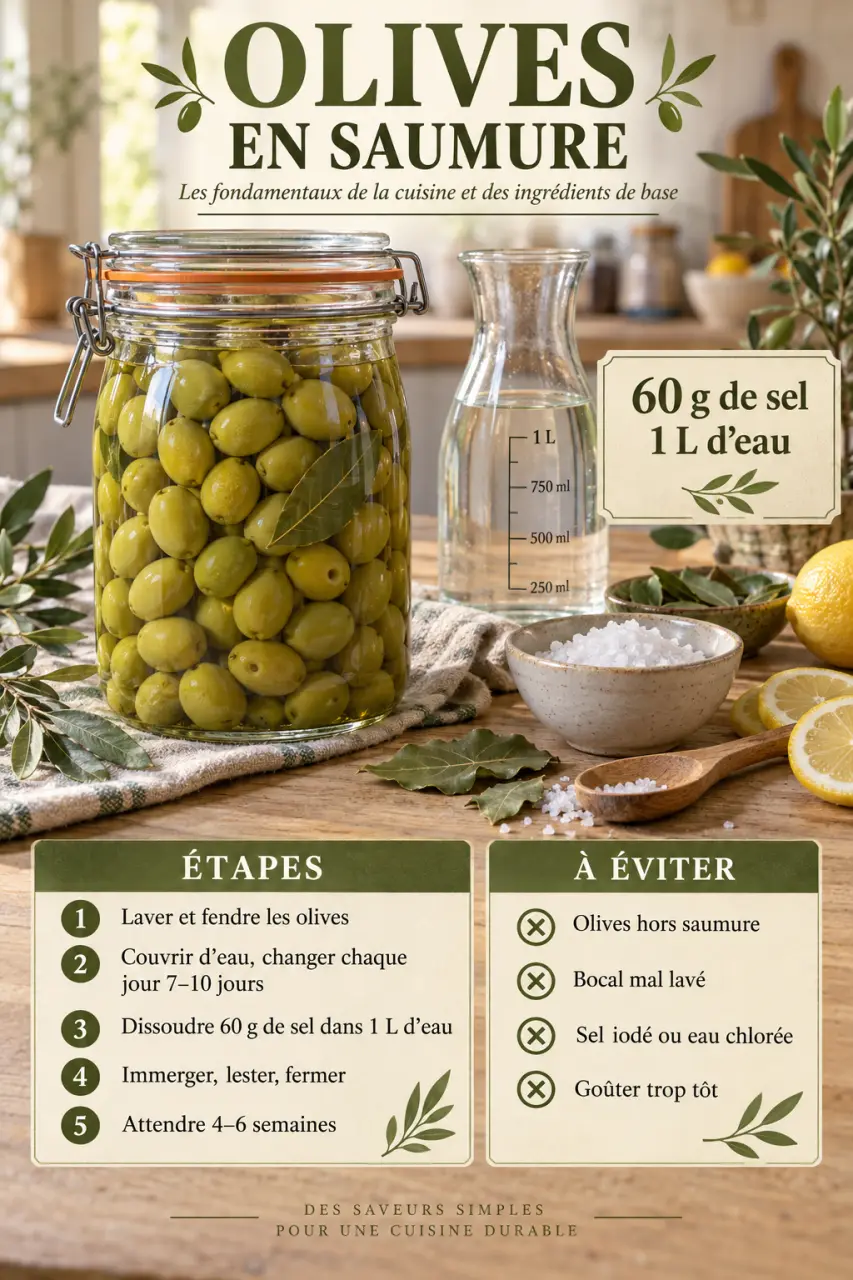 Olives en saumure : 60 g de sel par litre, les étapes et les erreurs à éviter