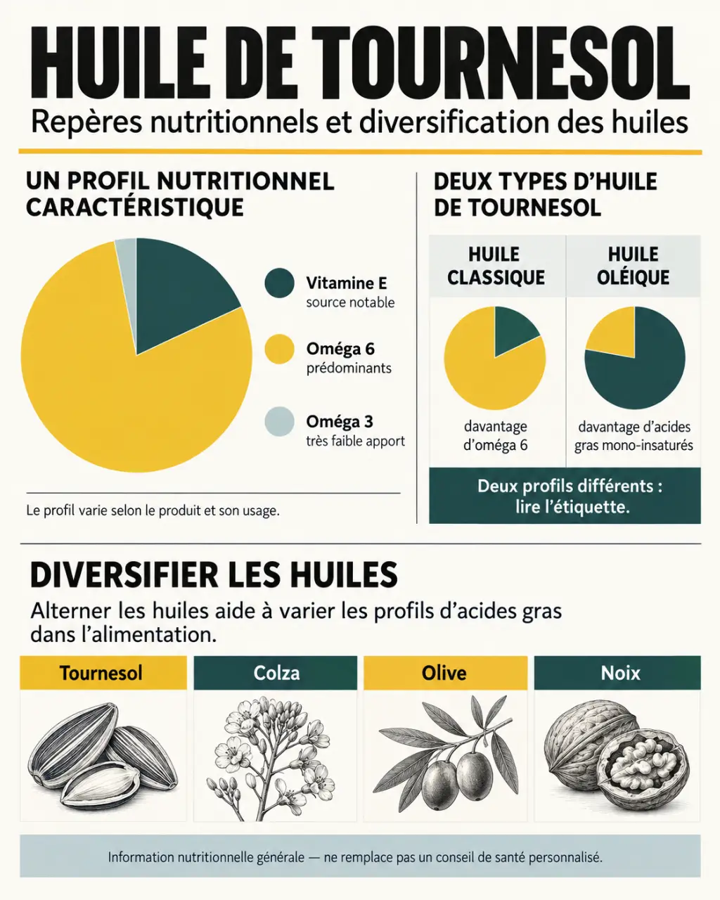 Infographie sur les bienfaits de l’huile de tournesol, sa vitamine E, ses oméga 6 et ses limites