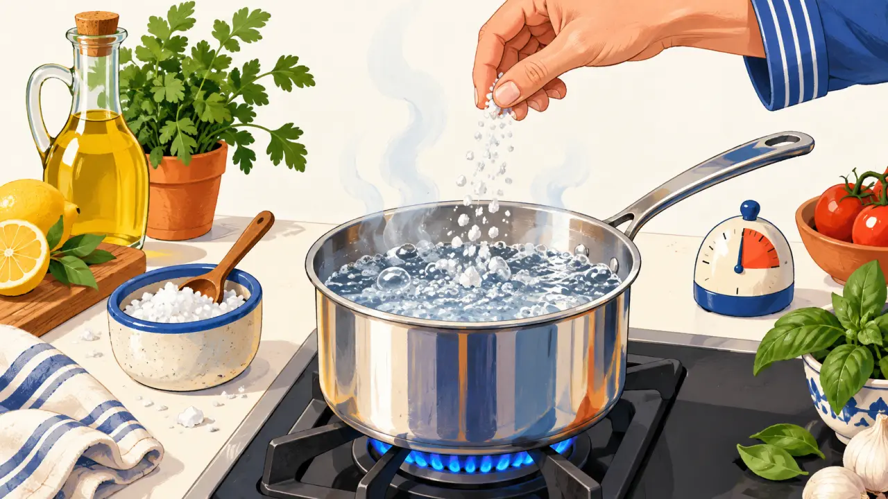 Casserole d’eau salée chauffant sur une cuisinière, illustration culinaire pédagogique