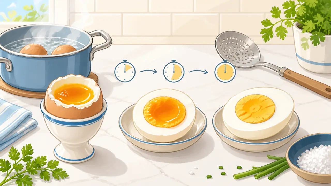 Illustration d'un œuf dur, mollet et coque sur un plan de travail de cuisine