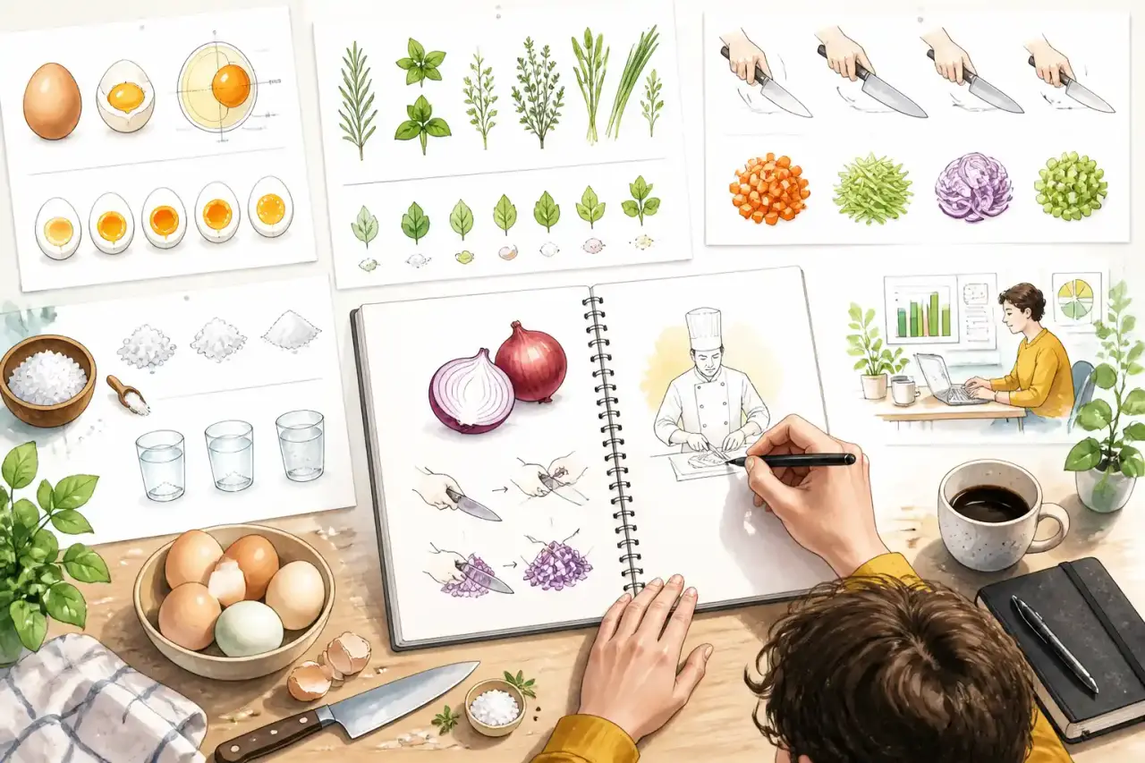 Illustration d'un plan de travail de cuisine avec des ingrédients dessinés à la main