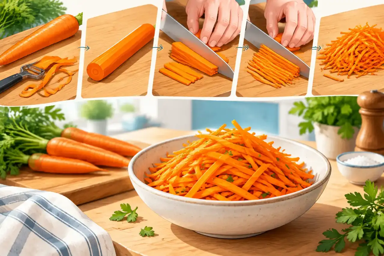 Taillage d'une carotte en julienne sur une planche de cuisine