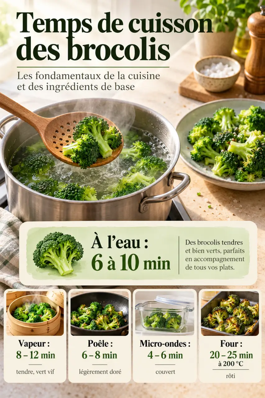 Temps de cuisson des brocolis : 6 à 10 minutes à l’eau, et les repères pour chaque méthode