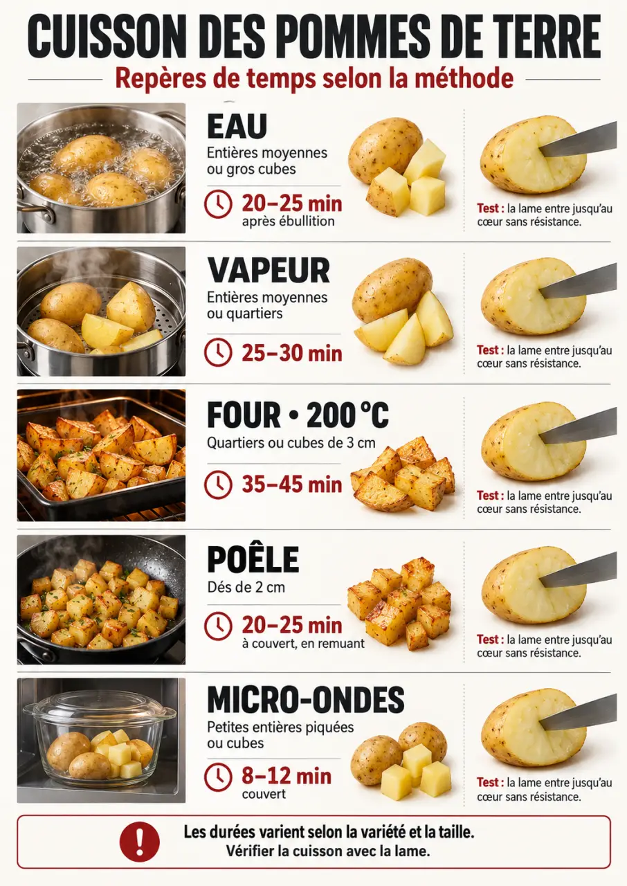 Infographie du temps cuisson pomme de terre selon la méthode et la découpe