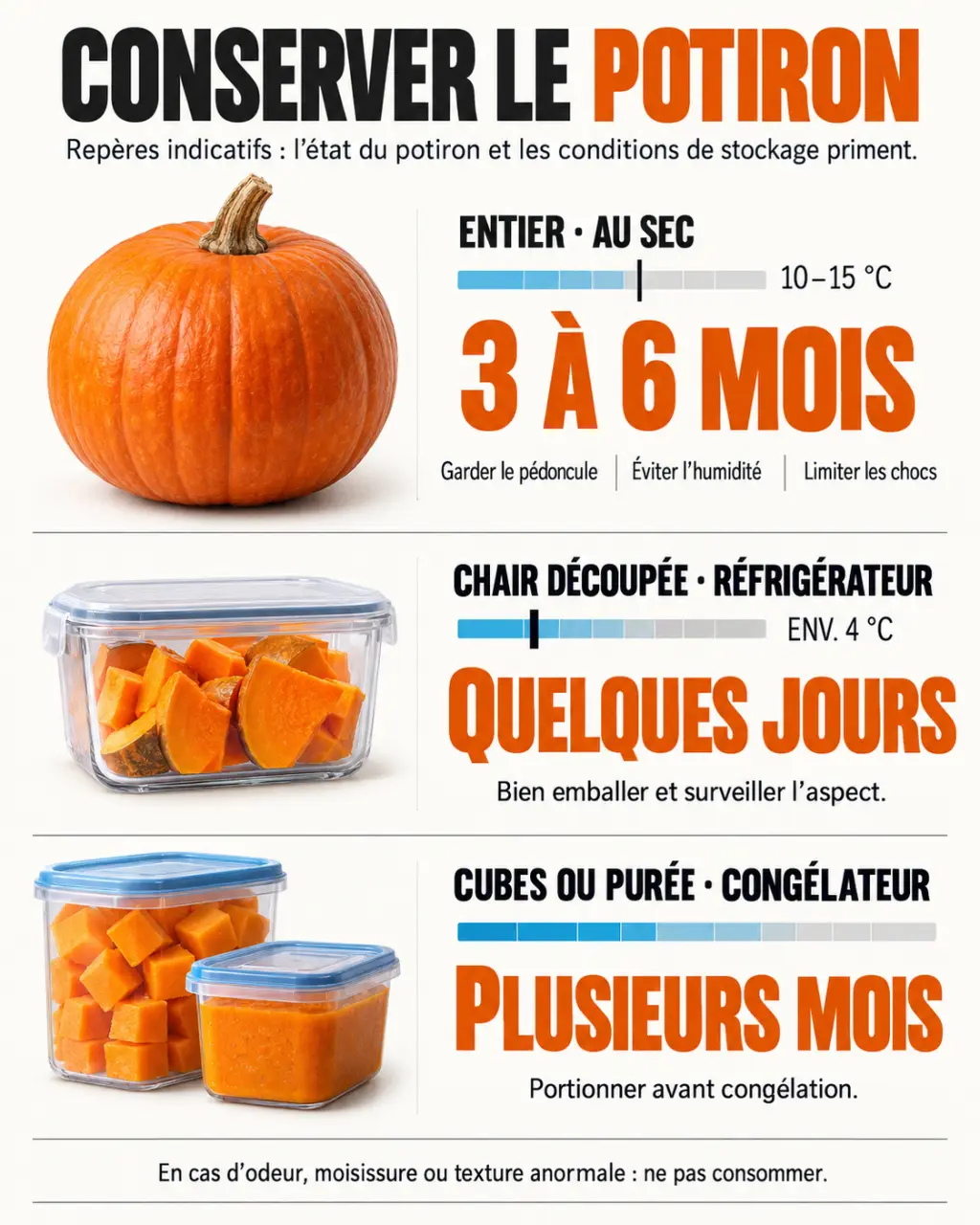 Infographie sur la conservation du potiron entier, découpé et congelé