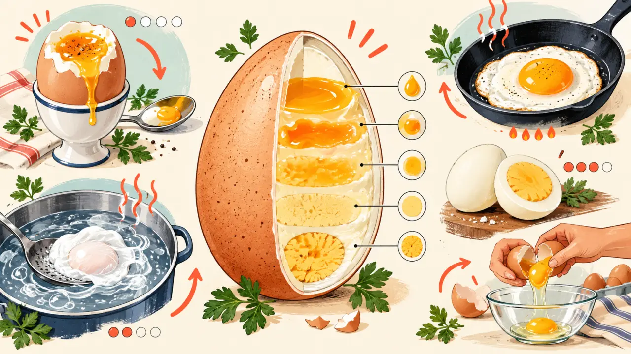 Illustration dessinée de plusieurs œufs à différents stades de cuisson sur un plan de travail