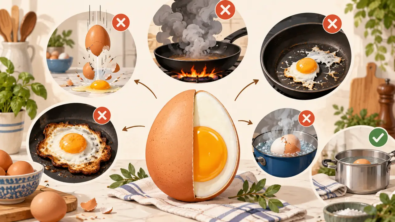 Œufs à différents stades de cuisson sur un plan de travail de cuisine