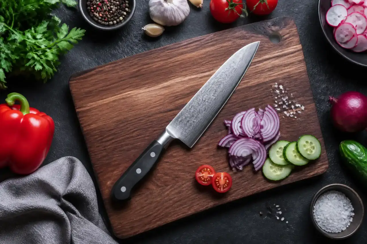 Illustration pédagogique d'une main tenant un couteau de chef pour couper des légumes nettement