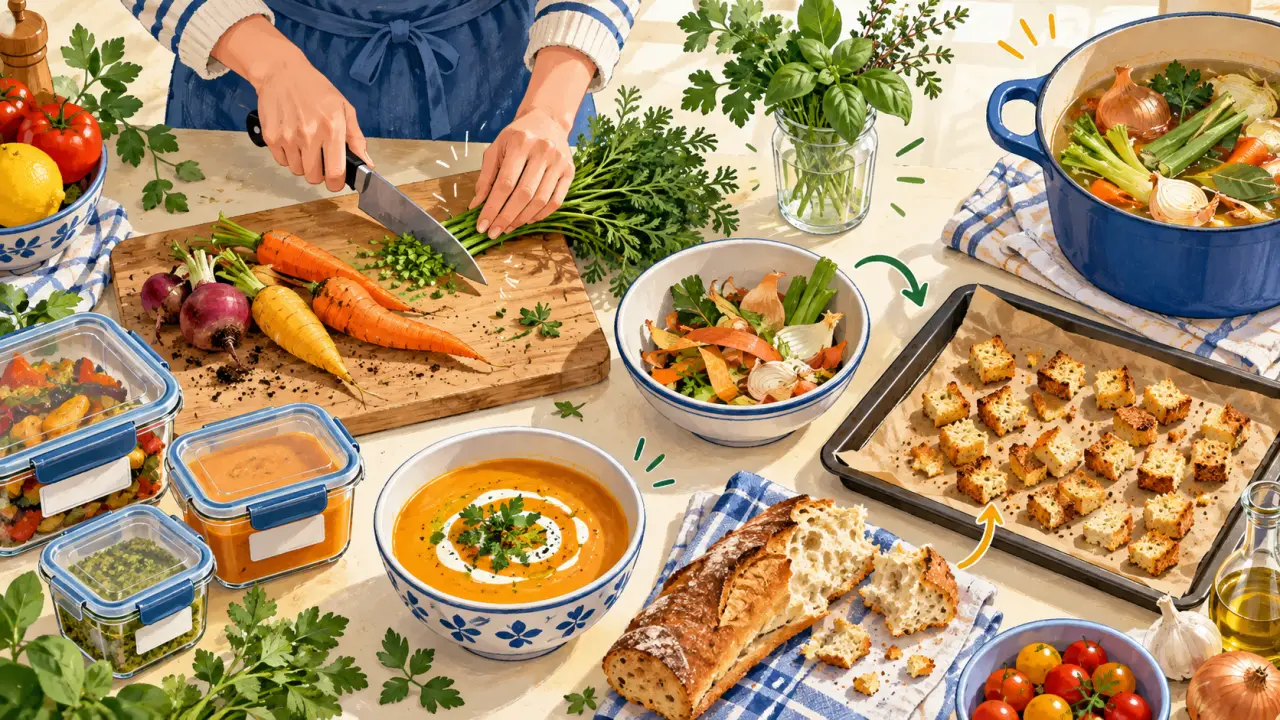 Plan de travail illustré avec des légumes, des épluchures et des boîtes de conservation