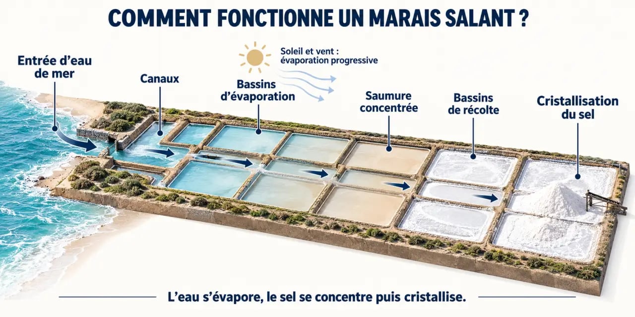 Infographie du fonctionnement d’un marais salant, de l’entrée de l’eau de mer à la cristallisation du sel