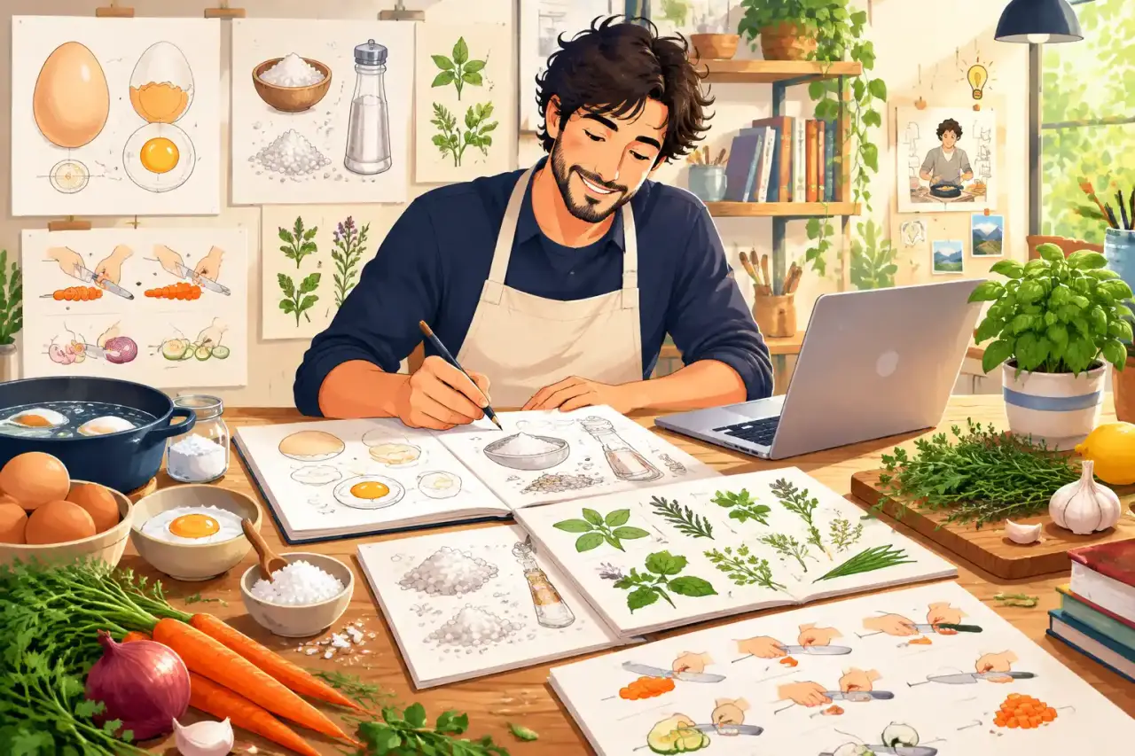 Plan de travail de cuisine illustré avec des ingrédients frais
