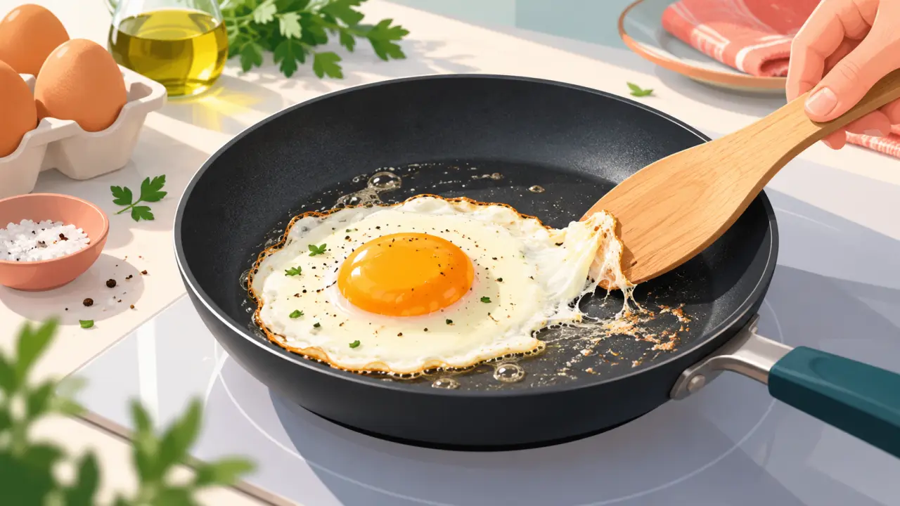 Œuf au plat dans une poêle, avec une spatule et des repères dessinés à la main