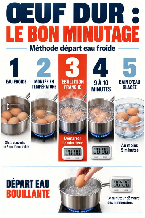 Cuisson départ eau froide d’un œuf dur : ébullition, minuterie de 9 à 10 minutes et bain glacé