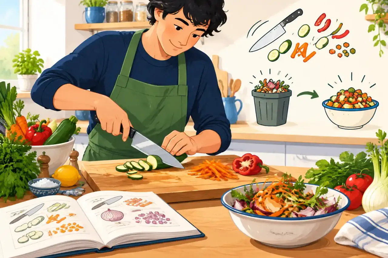 Illustration d'un couteau de cuisine découpant soigneusement des légumes