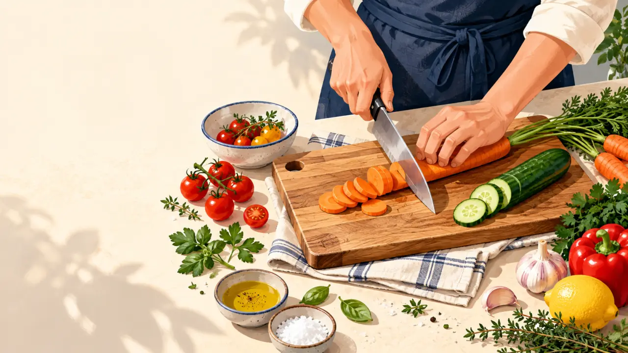 Plan de travail préparé pour une découpe au couteau en cuisine