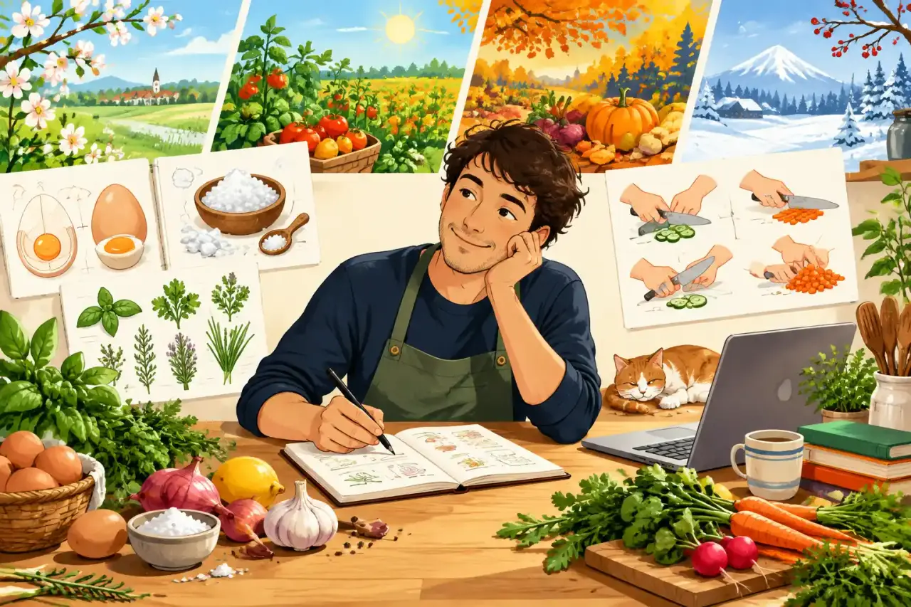 Plan de travail de cuisine illustré avec des ingrédients de saison et des ustensiles