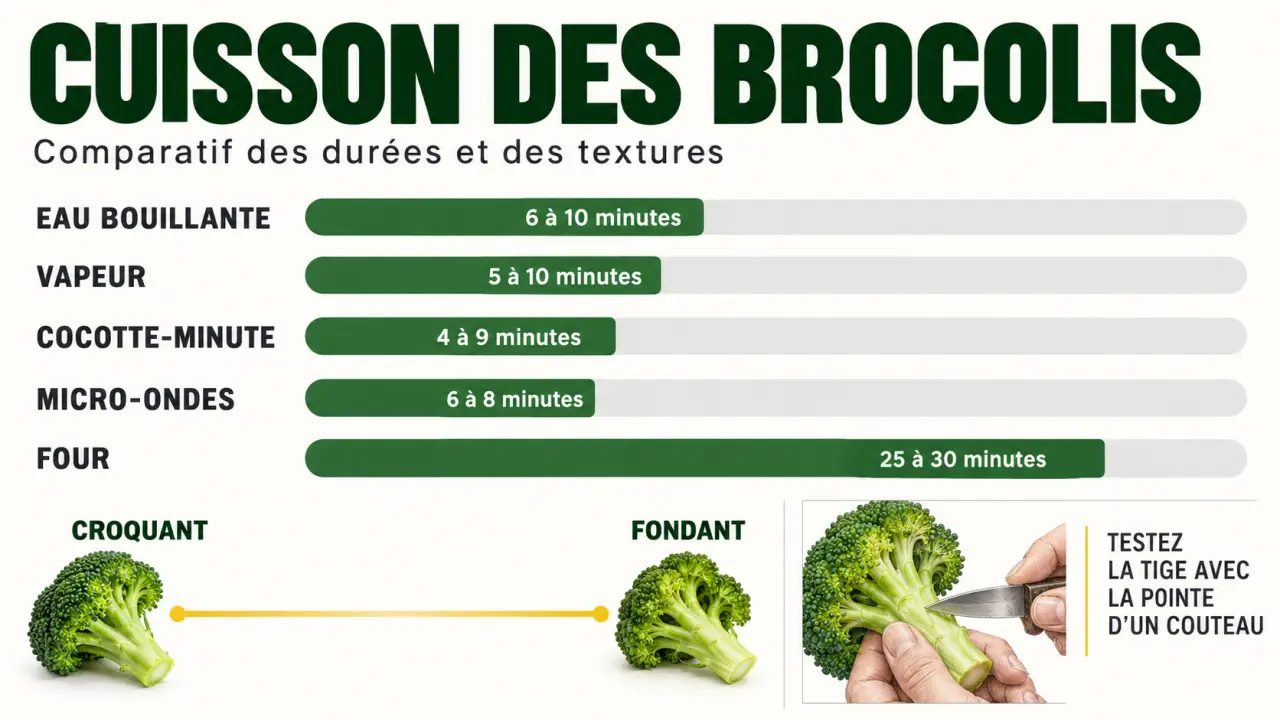 Temps de cuisson des brocolis selon la méthode, de l’eau bouillante à la vapeur et au four